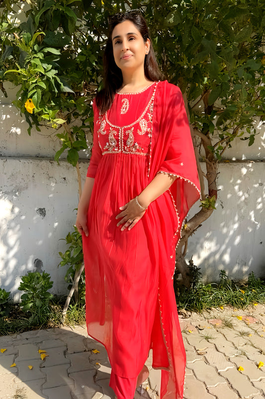 PRIYANSHI CHERRY RED HAND EMB. PEARL SUIT HOA0111