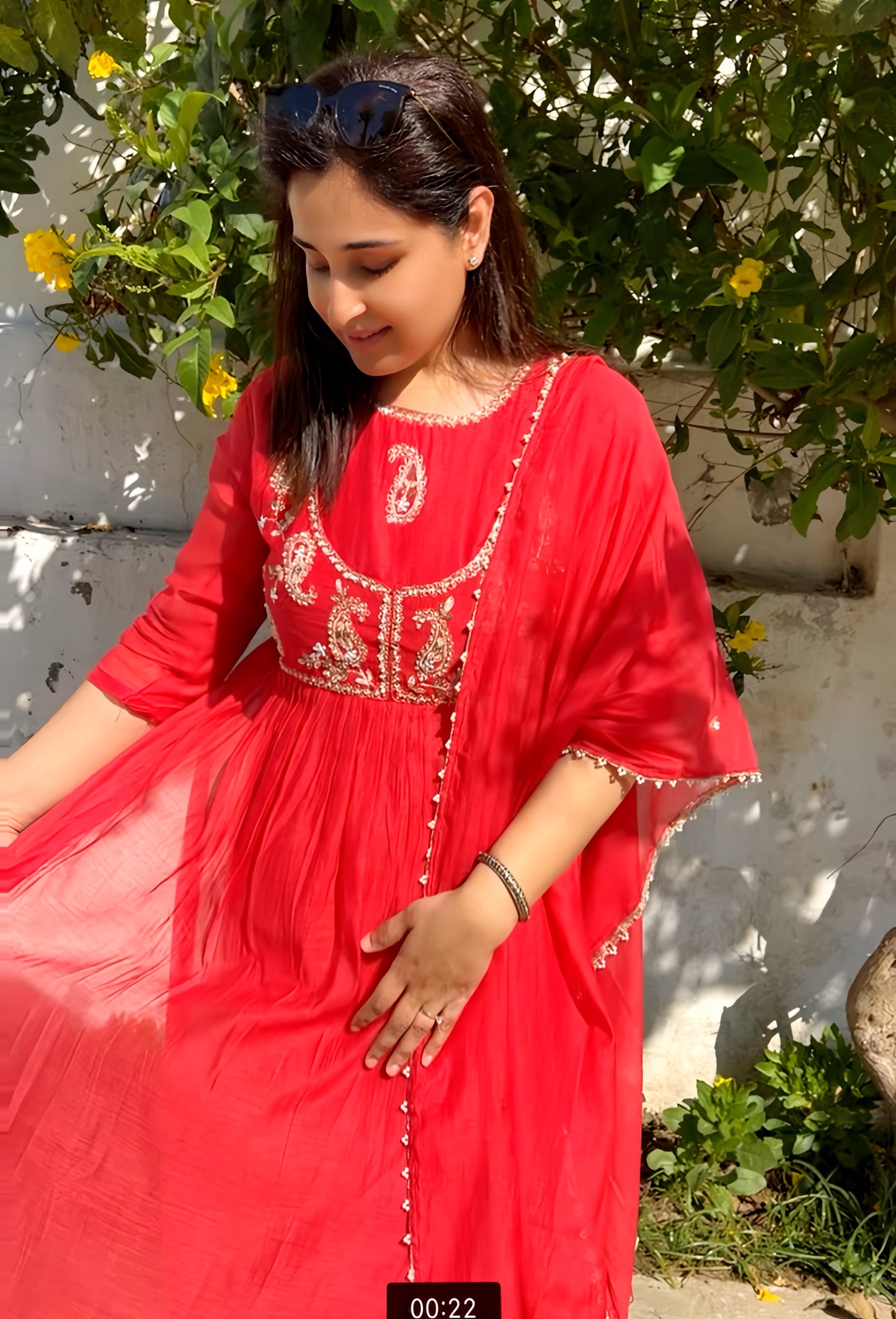 PRIYANSHI CHERRY RED HAND EMB. PEARL SUIT HOA0111