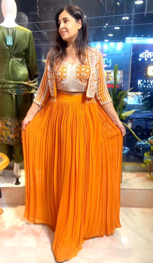 SAFFRON INDOWESTERN OUTFIT WITH HAND EMB. HOA110