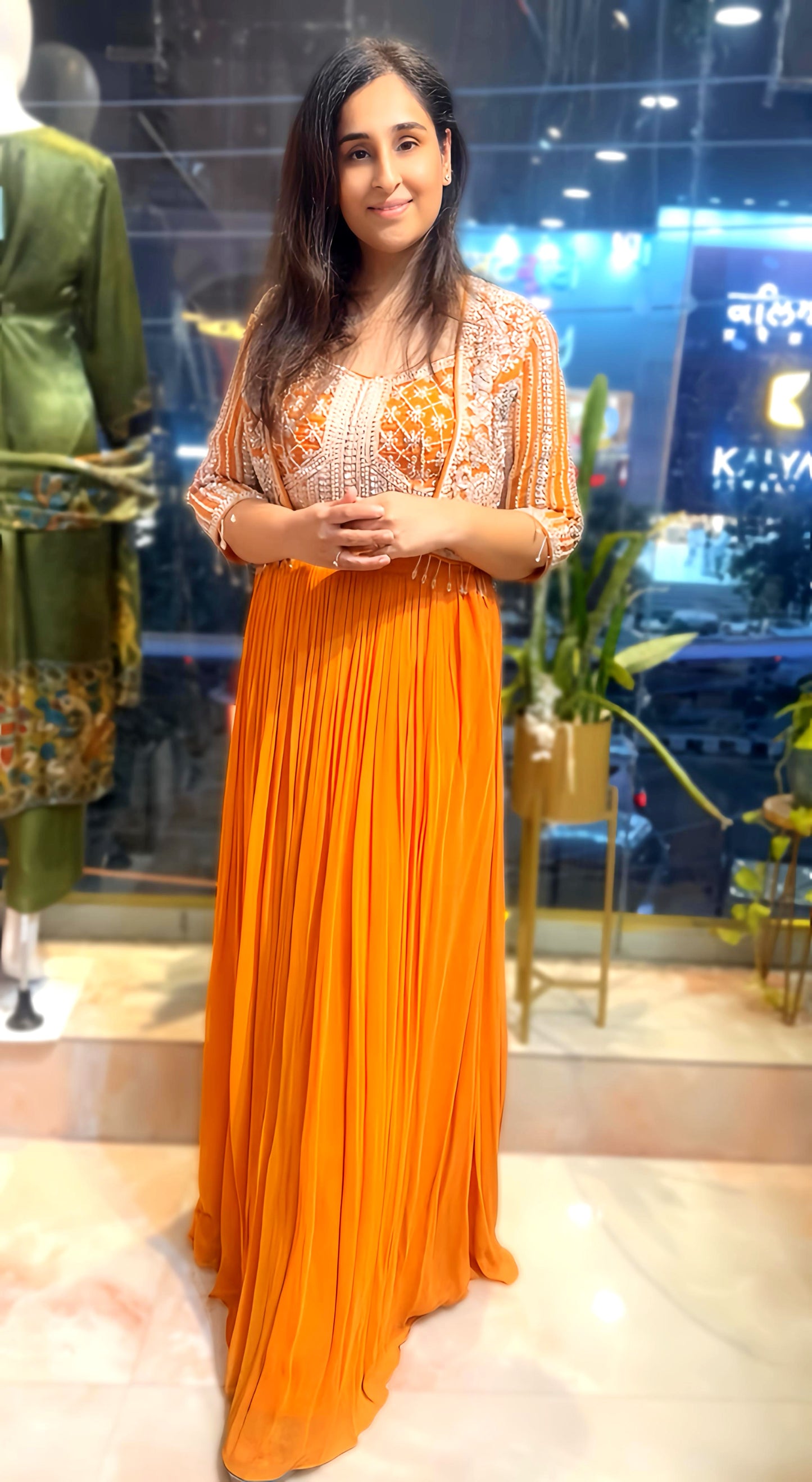 SAFFRON INDOWESTERN OUTFIT WITH HAND EMB. HOA110