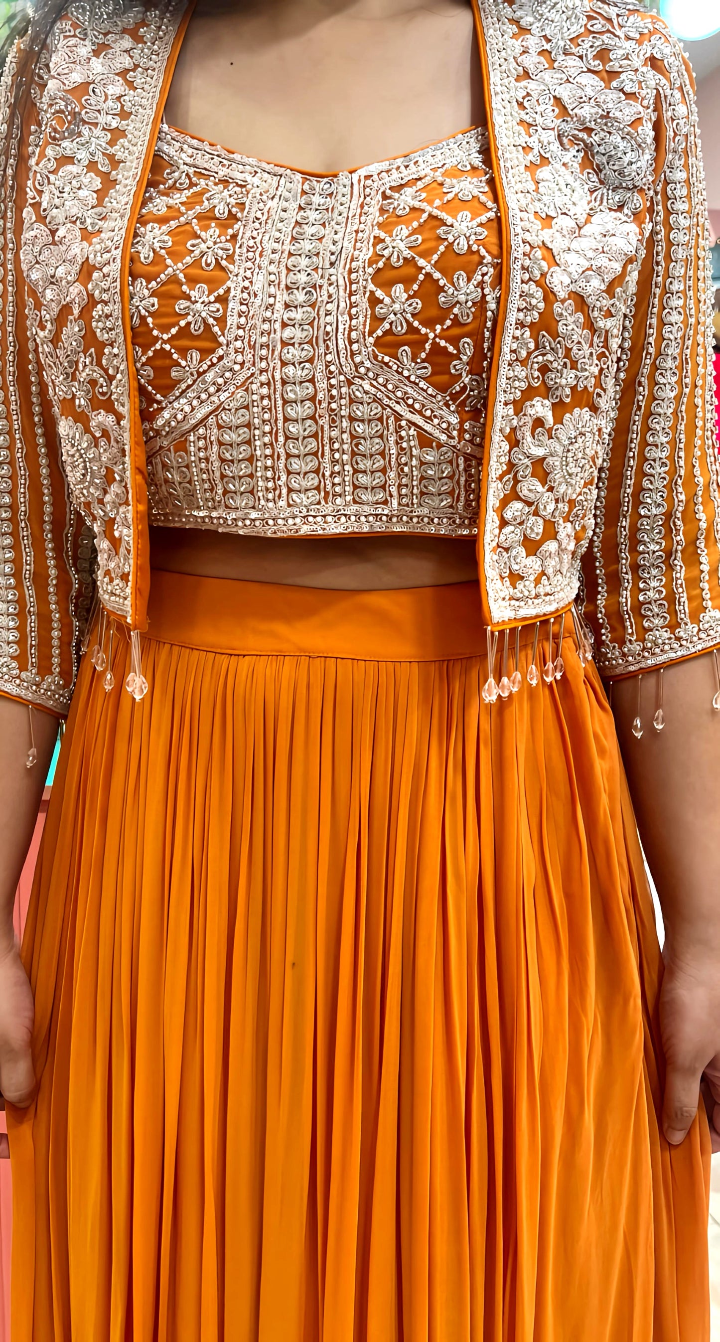 SAFFRON INDOWESTERN OUTFIT WITH HAND EMB. HOA110